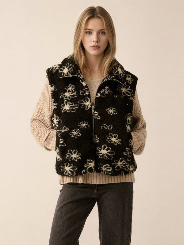 Floral Print Sherpa Vest with Lapel Collar