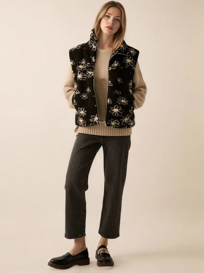 Floral Print Sherpa Vest with Lapel Collar