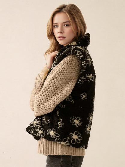 Floral Print Sherpa Vest with Lapel Collar