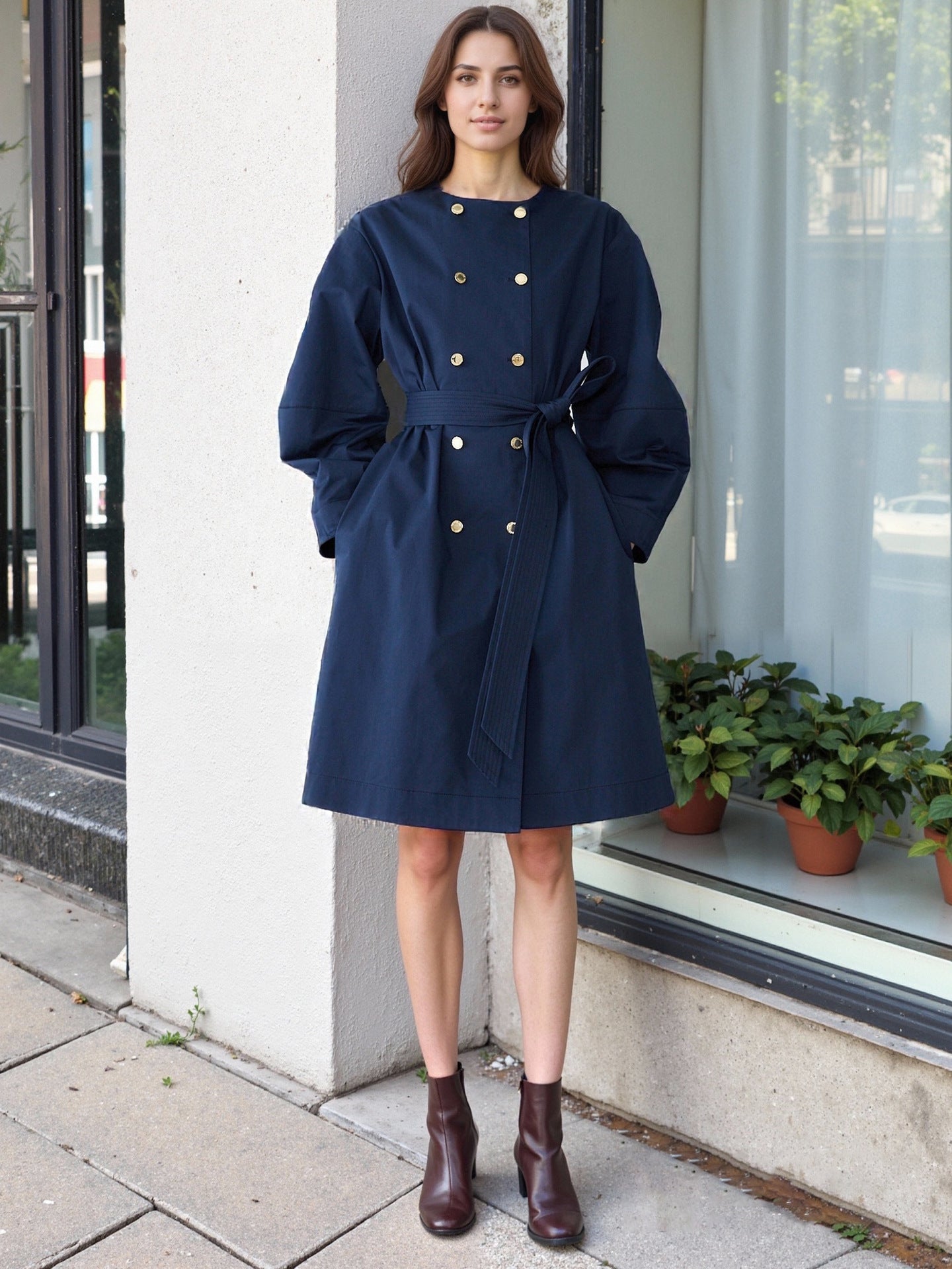 A-Line Midi Coat Dress with Double-Breasted Buttons and Belt
