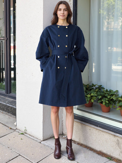 A-Line Midi Coat Dress with Double-Breasted Buttons and Belt