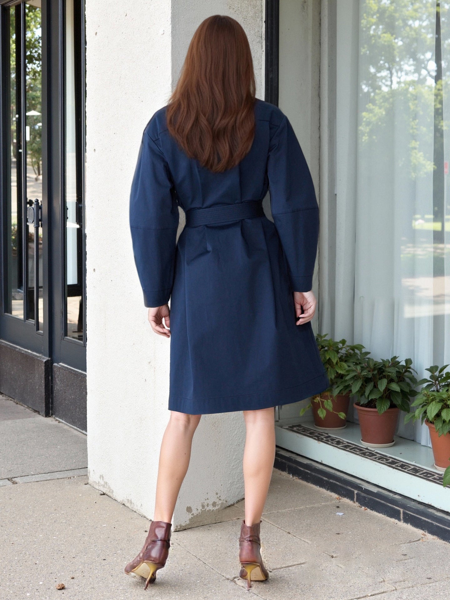 A-Line Midi Coat Dress with Double-Breasted Buttons and Belt