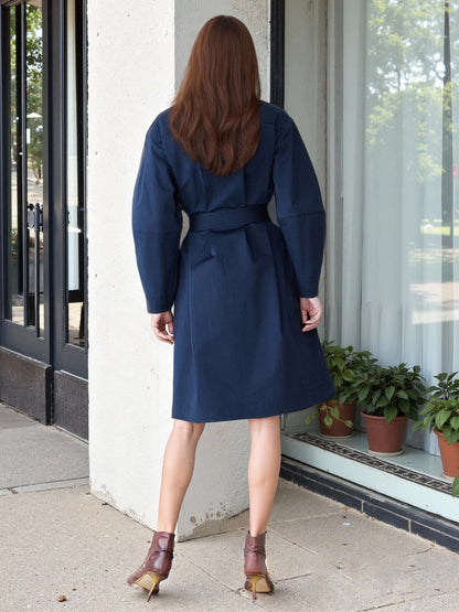 A-Line Midi Coat Dress with Double-Breasted Buttons and Belt