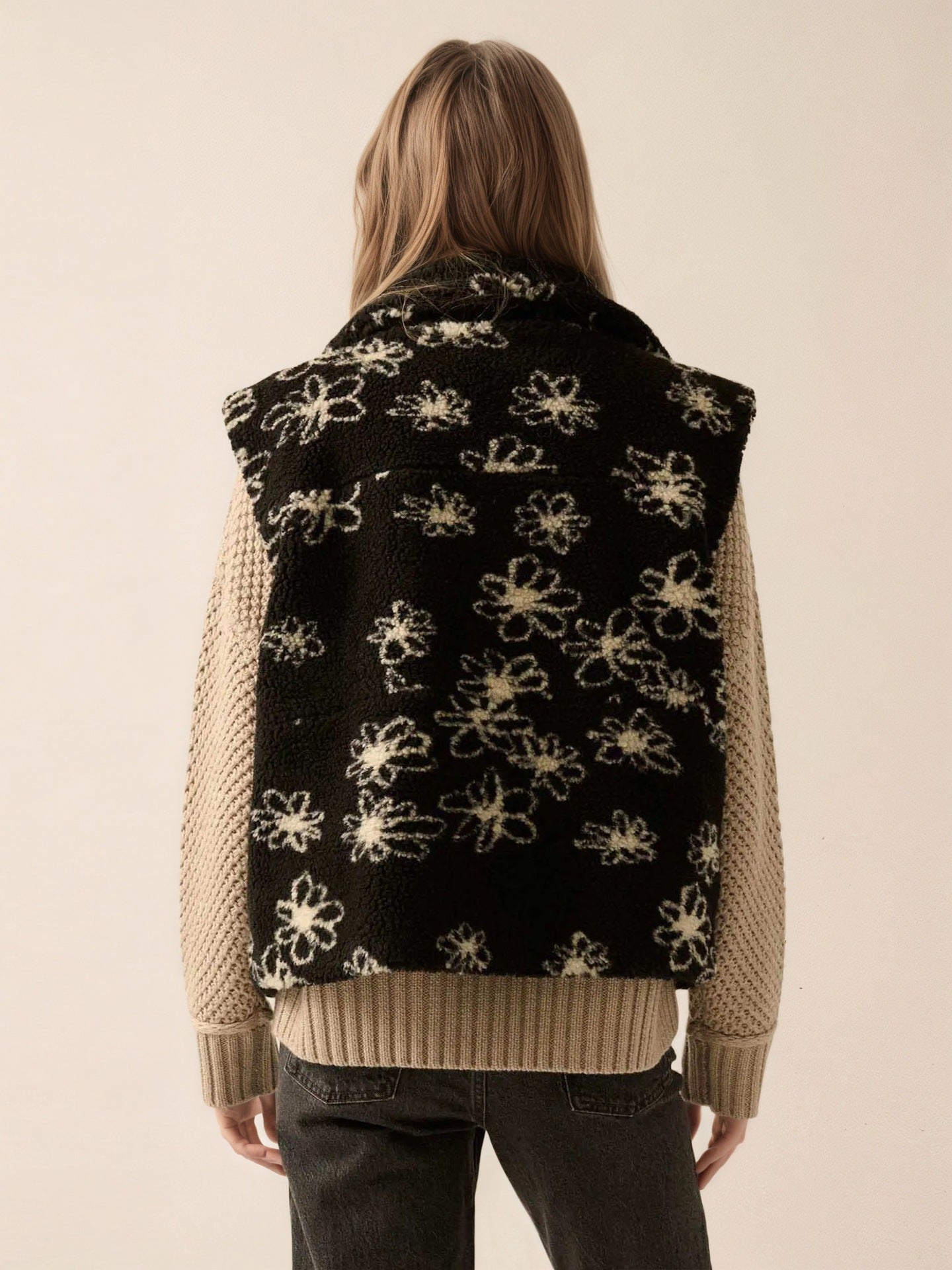 Floral Print Sherpa Vest with Lapel Collar