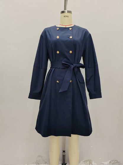 A-Line Midi Coat Dress with Double-Breasted Buttons and Belt