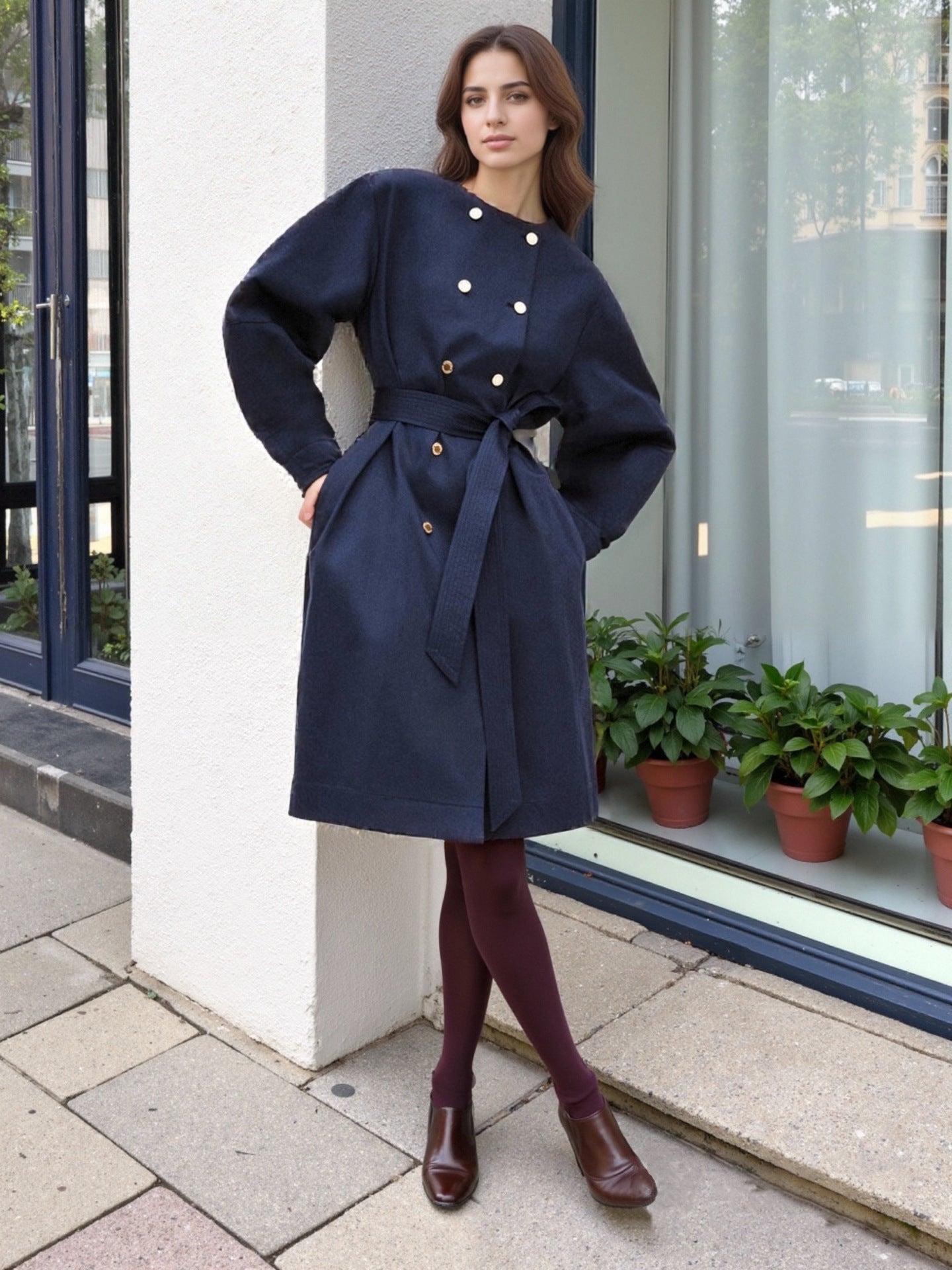 A-Line Midi Coat Dress with Double-Breasted Buttons and Belt