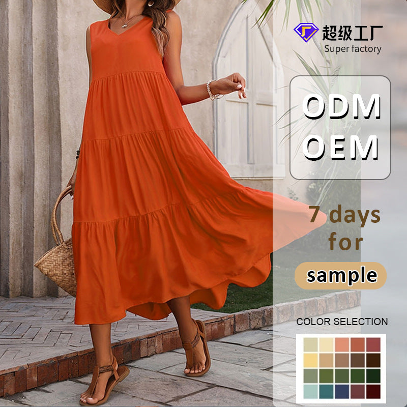 Solid Color Tiered Maxi Dress with V-Neck