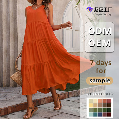Solid Color Tiered Maxi Dress with V-Neck