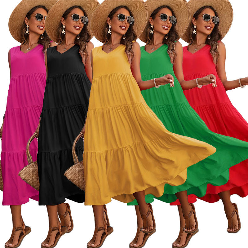 Solid Color Tiered Maxi Dress with V-Neck