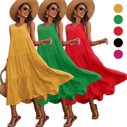 Solid Color Tiered Maxi Dress with V-Neck