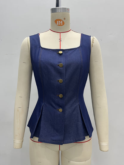 Faux Denim Peplum Vest with Gold Button Front