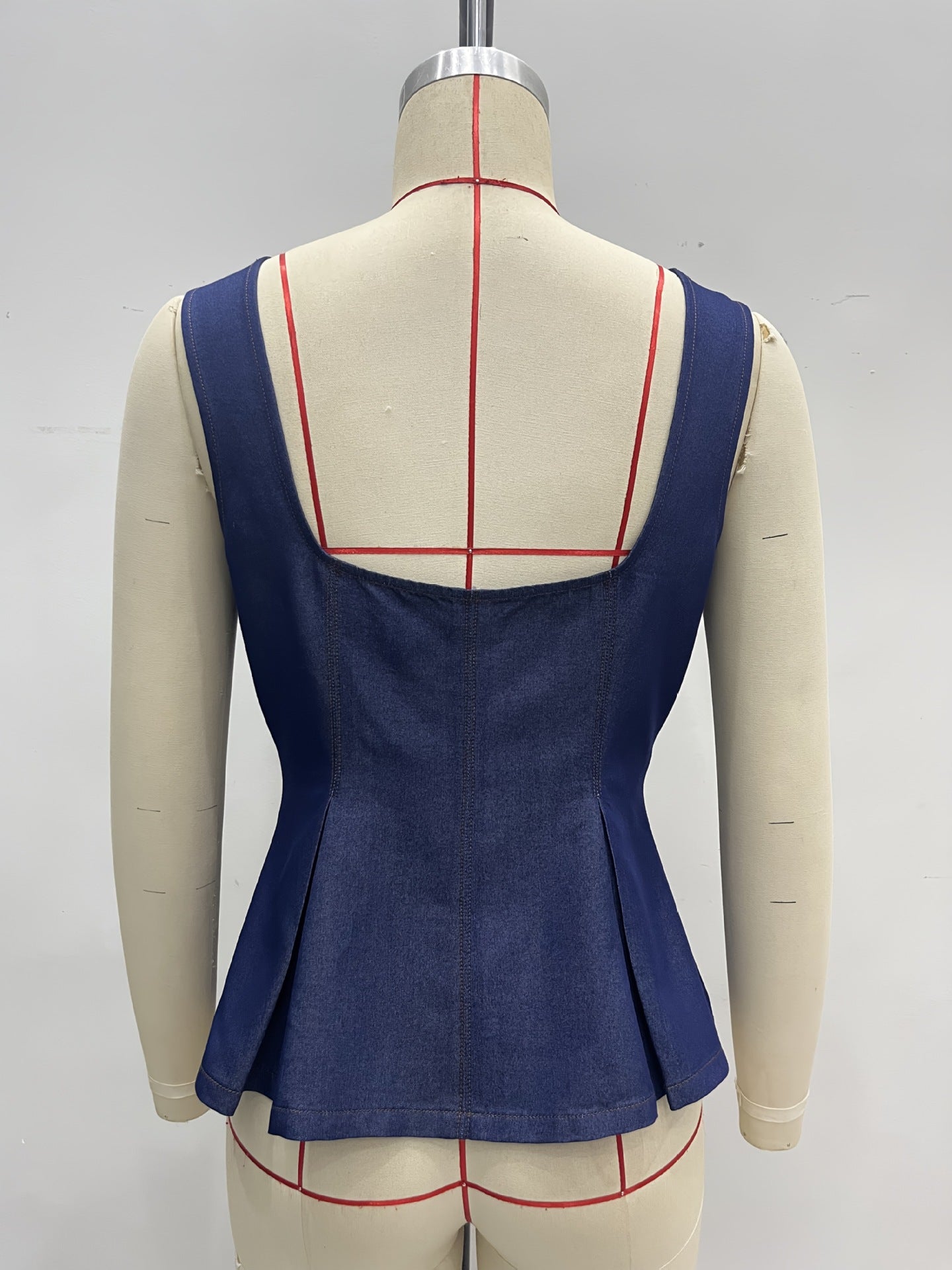 Faux Denim Peplum Vest with Gold Button Front