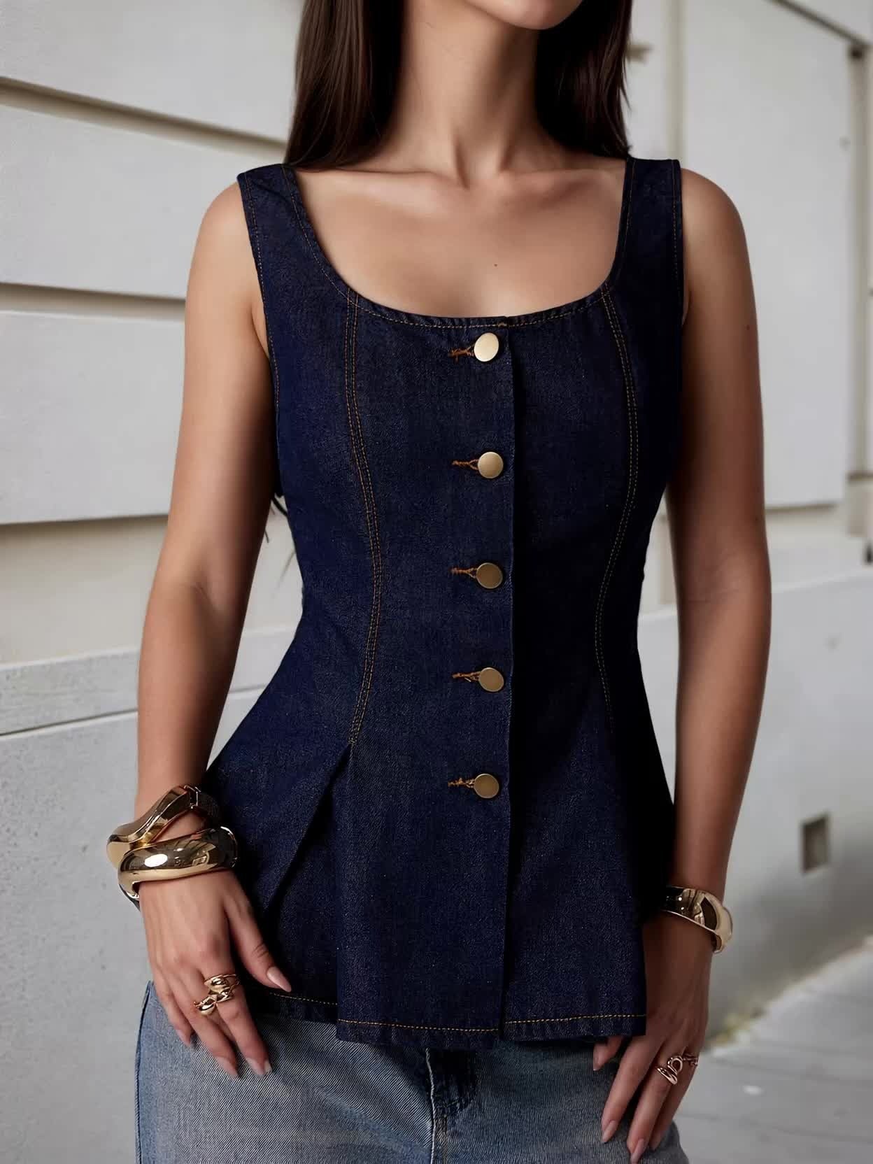 Faux Denim Peplum Vest with Gold Button Front