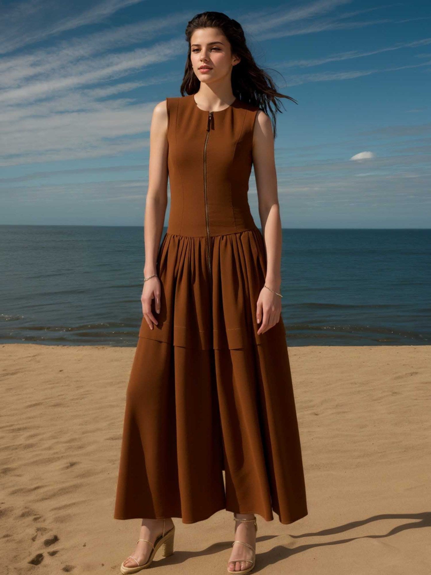 Sleeveless Round Neck Maxi Dress with Front Zipper and Tiered Skirt