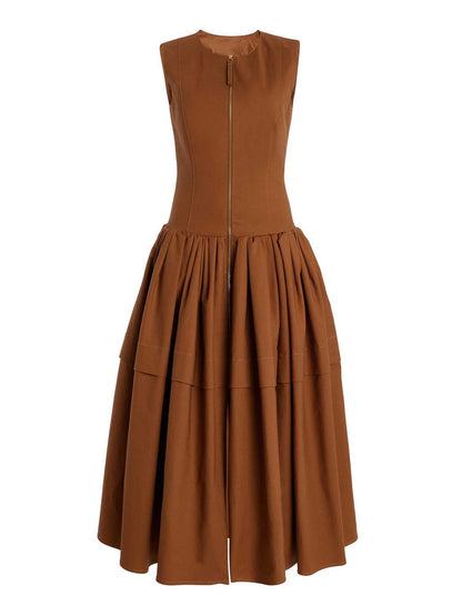Sleeveless Round Neck Maxi Dress with Front Zipper and Tiered Skirt