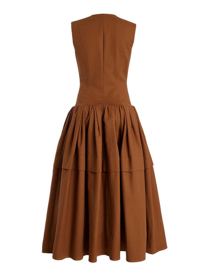 Sleeveless Round Neck Maxi Dress with Front Zipper and Tiered Skirt