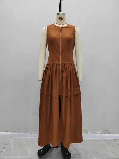 Sleeveless Round Neck Maxi Dress with Front Zipper and Tiered Skirt
