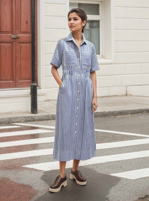 Striped Midi Shirt Dress with Tie Waist