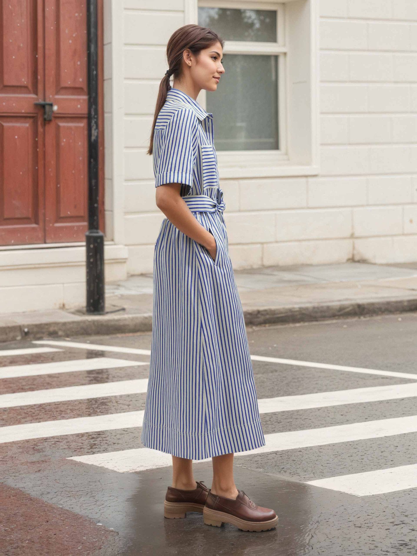 Striped Midi Shirt Dress with Tie Waist