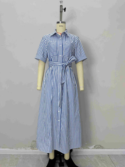 Striped Midi Shirt Dress with Tie Waist