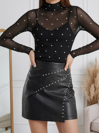 A-Line PU Leather Mini Skirt with Studded Wrap Front