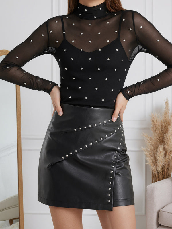 A-Line PU Leather Mini Skirt with Studded Wrap Front