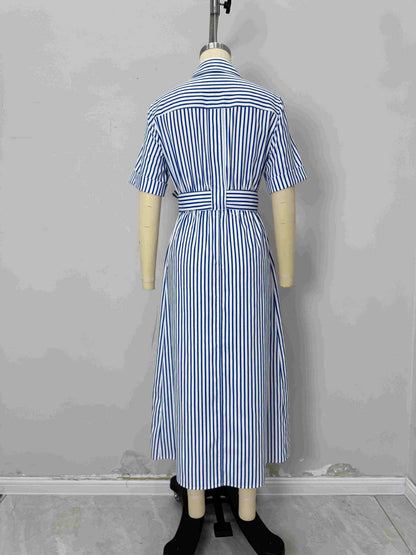 Striped Midi Shirt Dress with Tie Waist