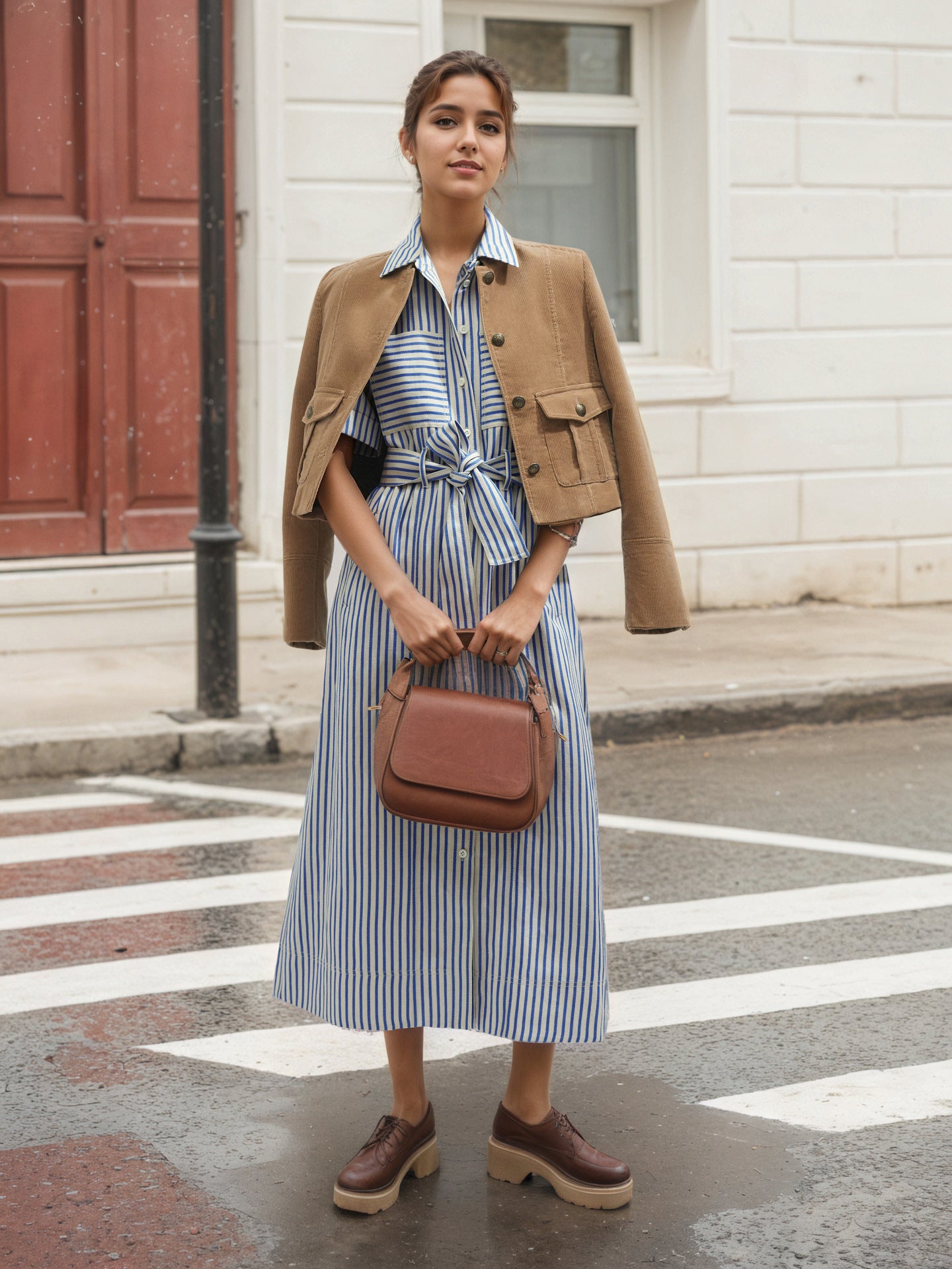 Striped Midi Shirt Dress with Tie Waist