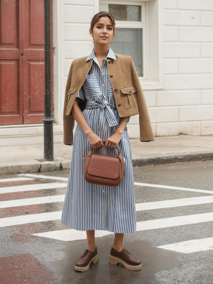 Striped Midi Shirt Dress with Tie Waist