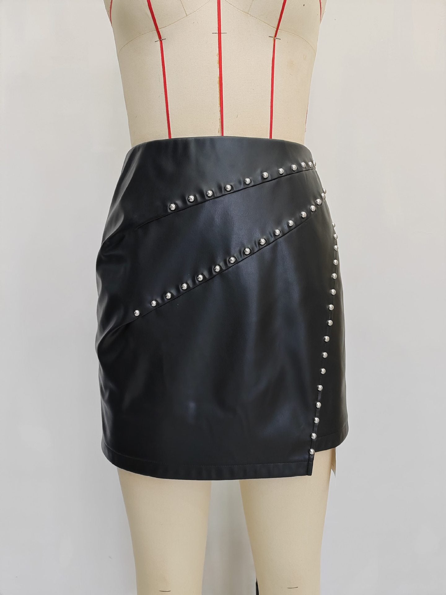 A-Line PU Leather Mini Skirt with Studded Wrap Front