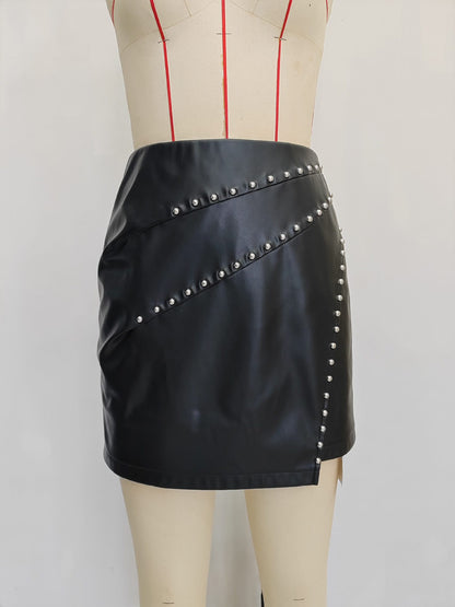 A-Line PU Leather Mini Skirt with Studded Wrap Front