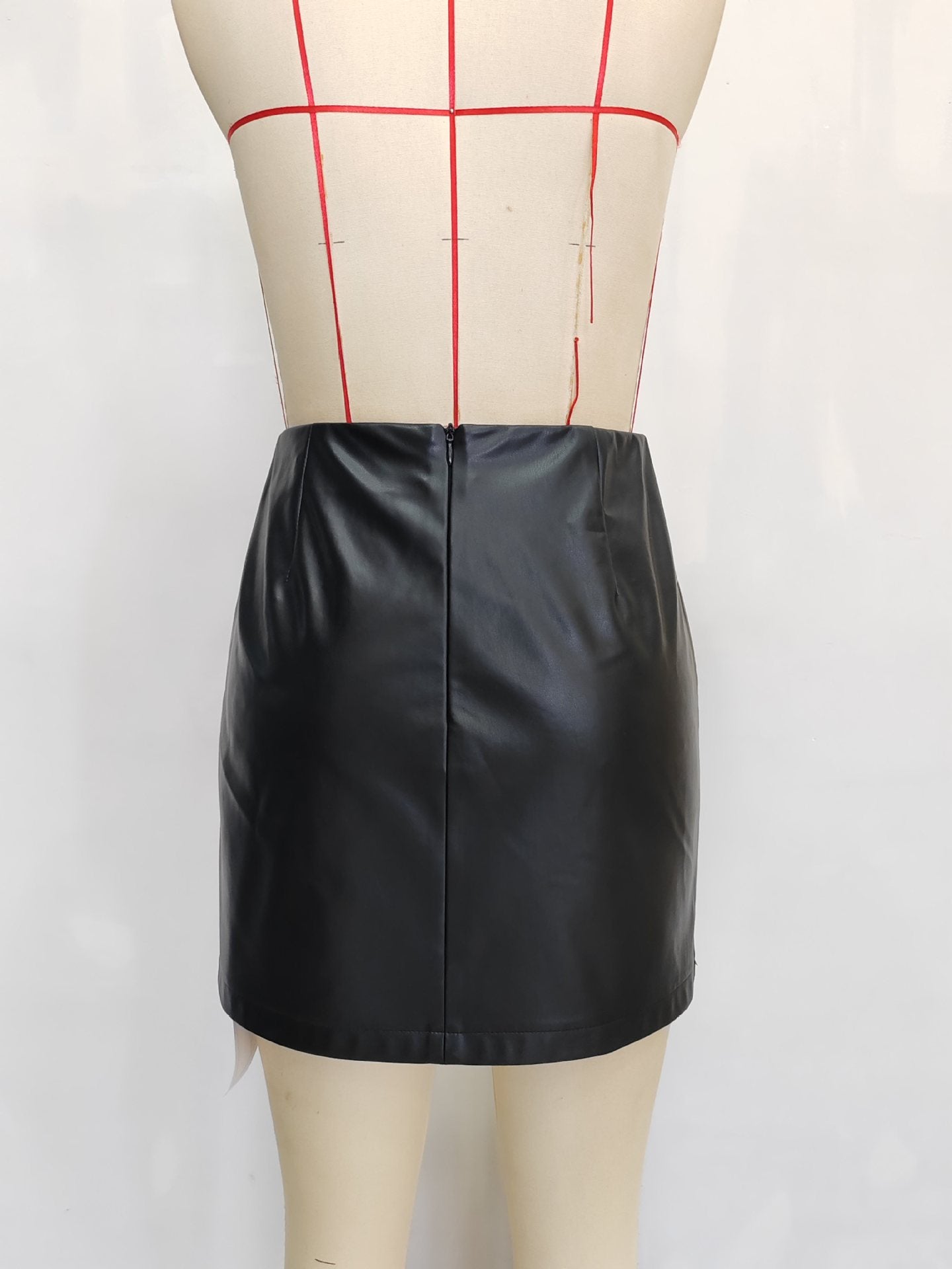 A-Line PU Leather Mini Skirt with Studded Wrap Front