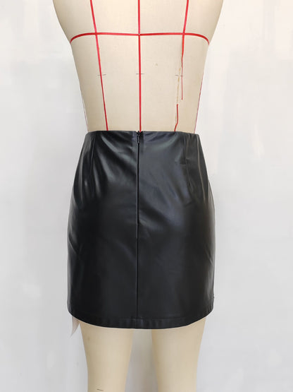 A-Line PU Leather Mini Skirt with Studded Wrap Front
