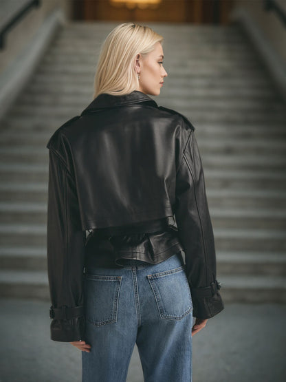 Faux Leather Cropped Double-Breasted Jacket with Belt