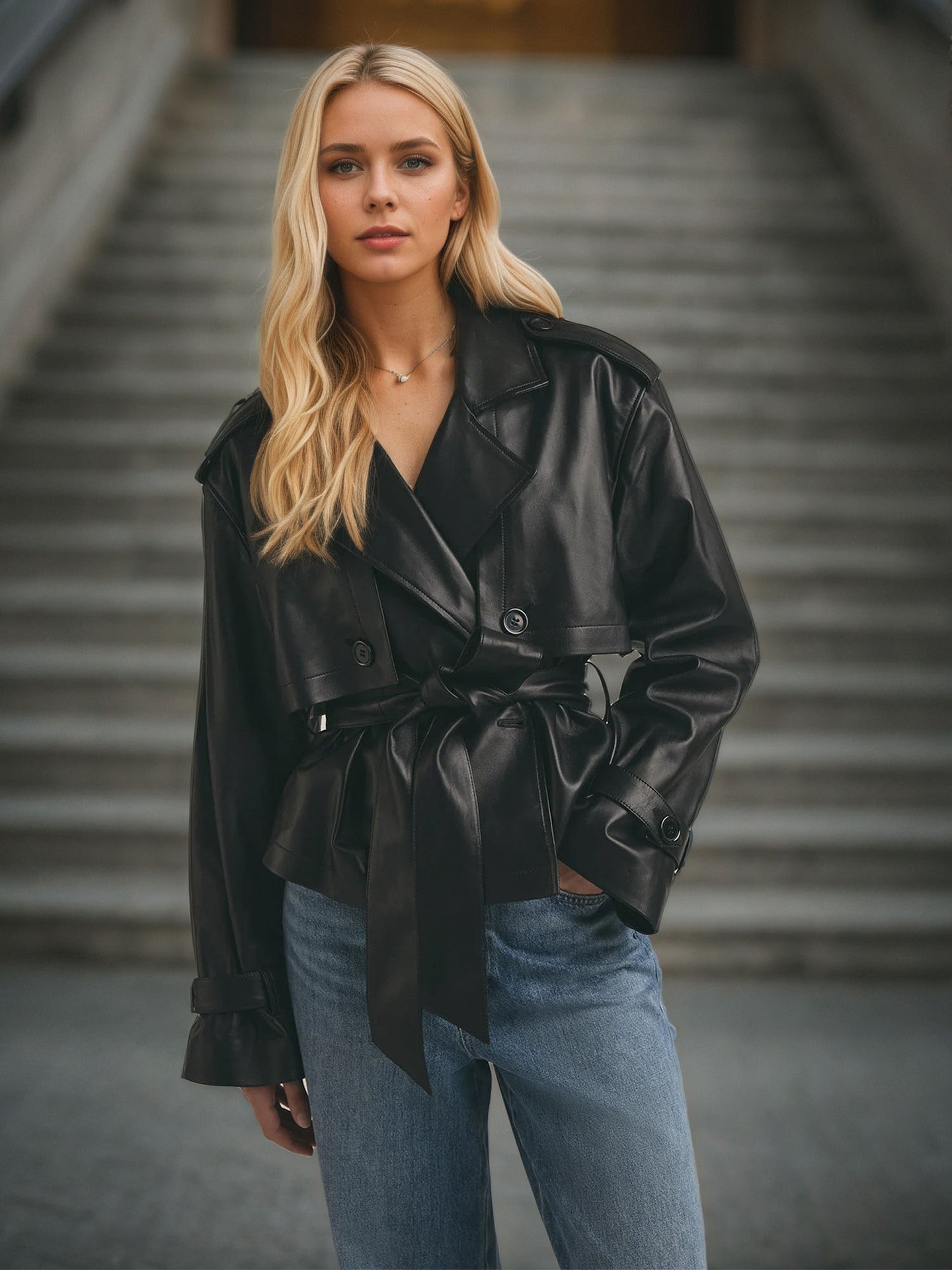 Faux Leather Cropped Double-Breasted Jacket with Belt