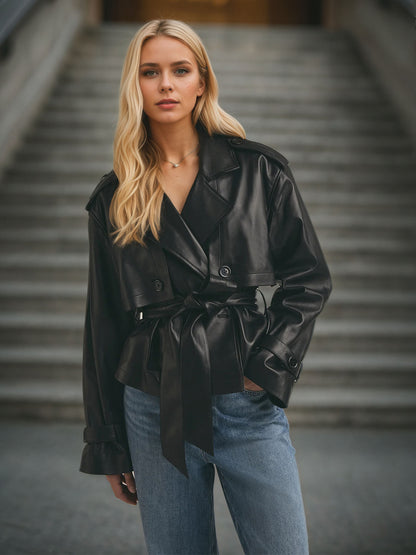 Faux Leather Cropped Double-Breasted Jacket with Belt