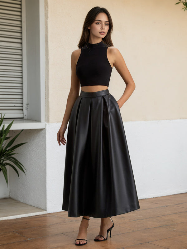 High-Waist Pleated Faux Leather Midi Skirt