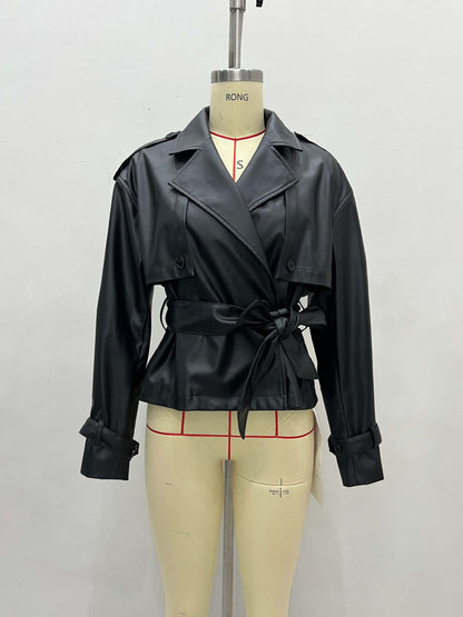 Faux Leather Cropped Double-Breasted Jacket with Belt