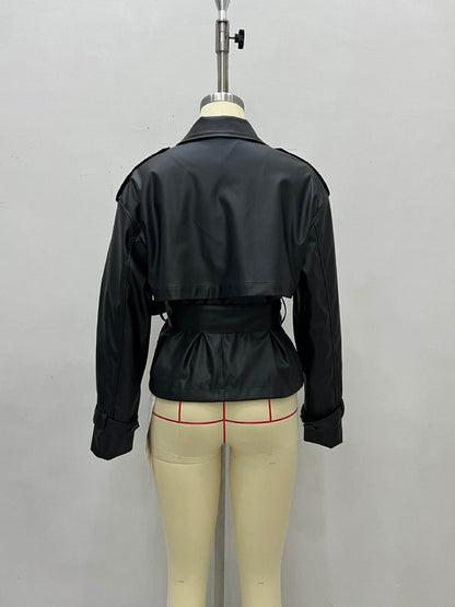 Faux Leather Cropped Double-Breasted Jacket with Belt