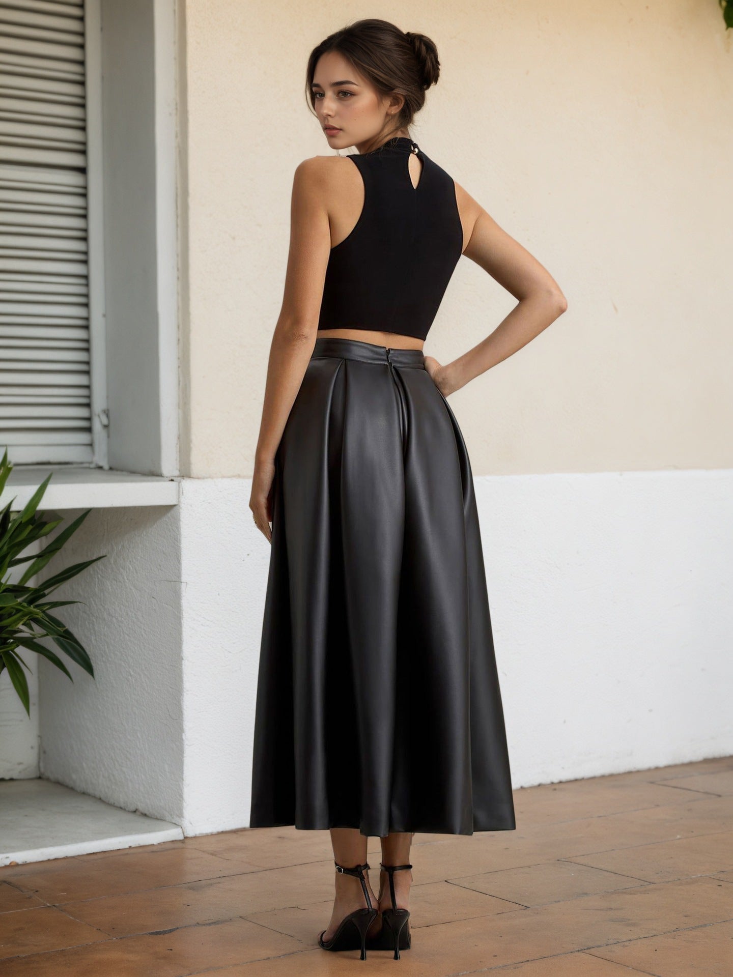 High-Waist Pleated Faux Leather Midi Skirt