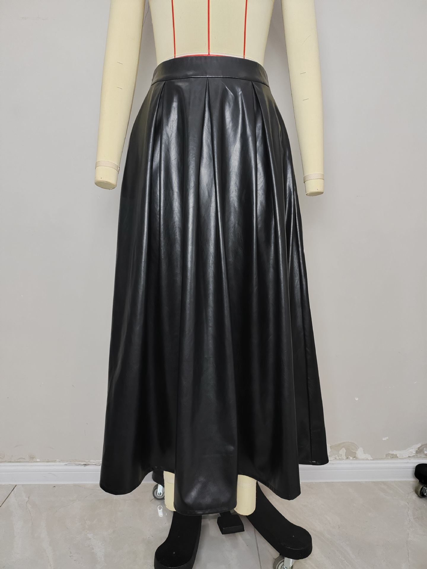High-Waist Pleated Faux Leather Midi Skirt
