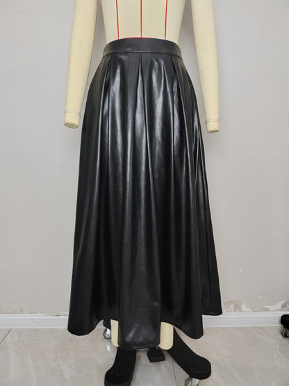 High-Waist Pleated Faux Leather Midi Skirt
