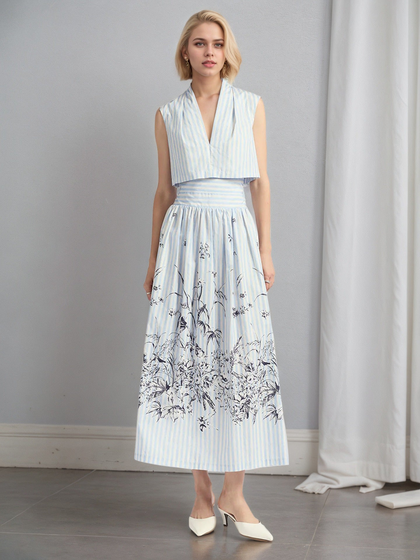 Striped V-Neck A-Line Dress with Floral Print Hem