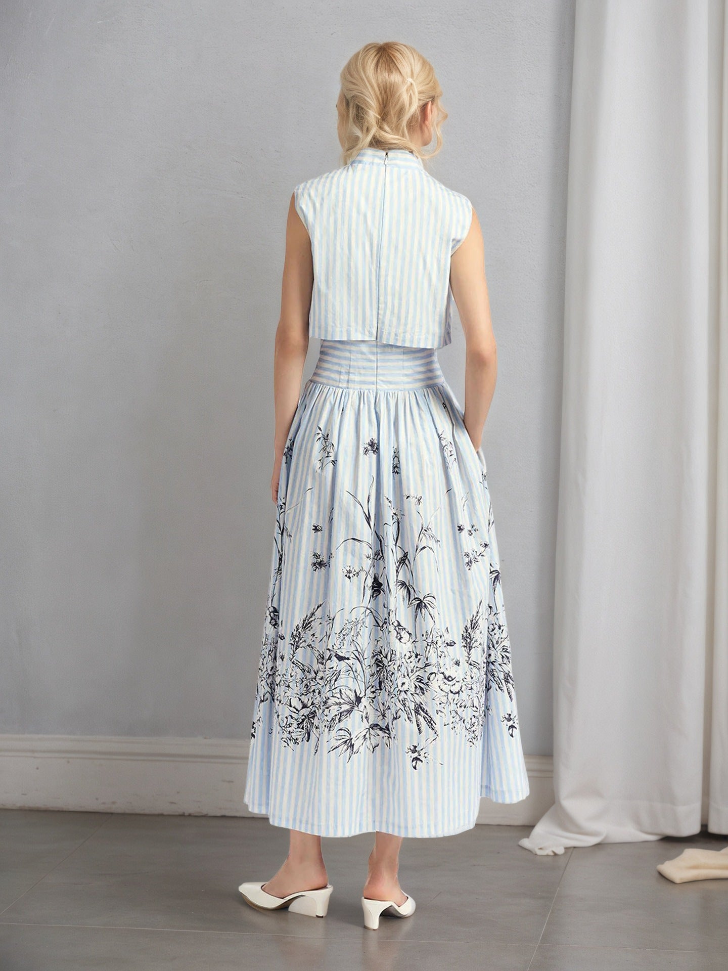 Striped V-Neck A-Line Dress with Floral Print Hem