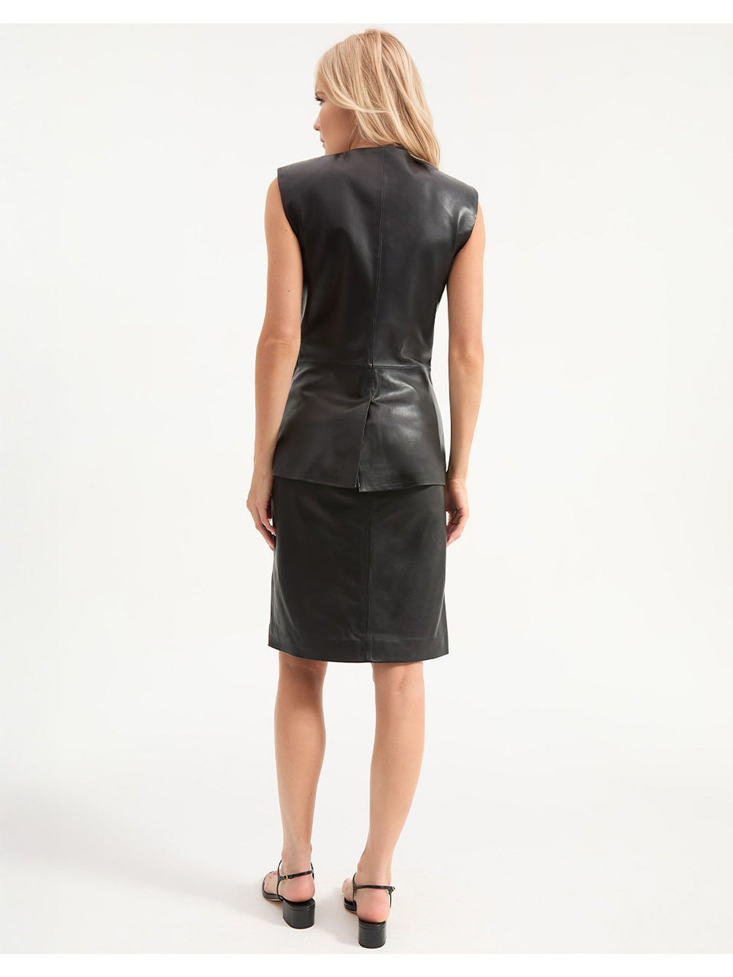 Faux Leather Vest & Sheath Skirt Set with Gold Buttons