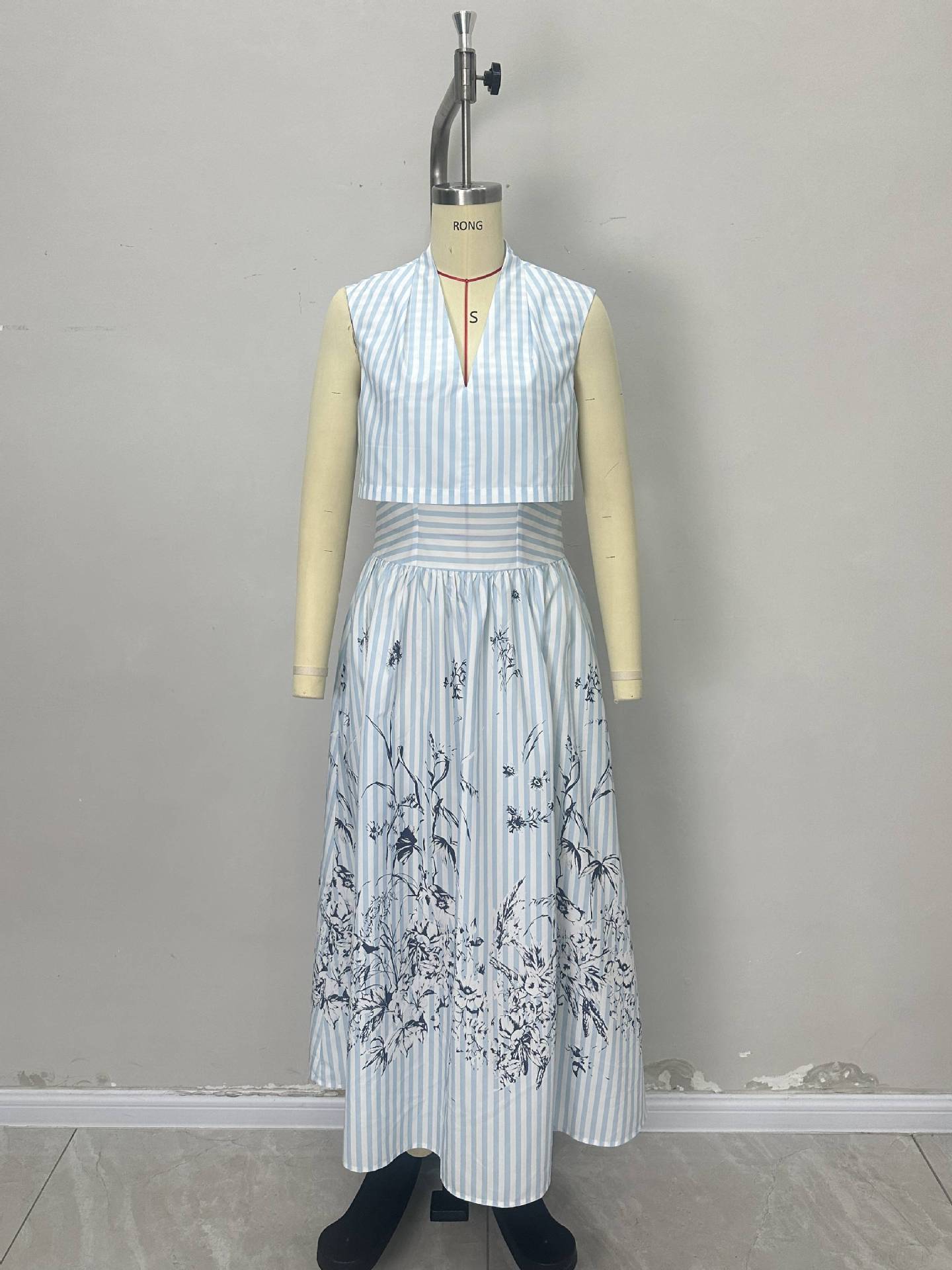 Striped V-Neck A-Line Dress with Floral Print Hem