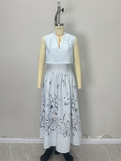 Striped V-Neck A-Line Dress with Floral Print Hem