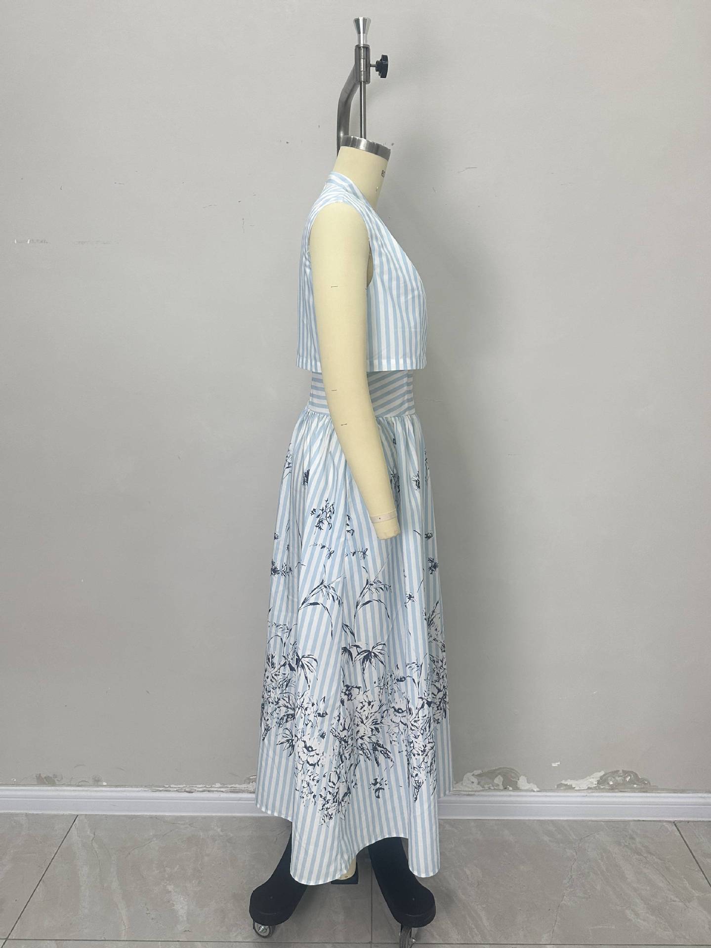 Striped V-Neck A-Line Dress with Floral Print Hem