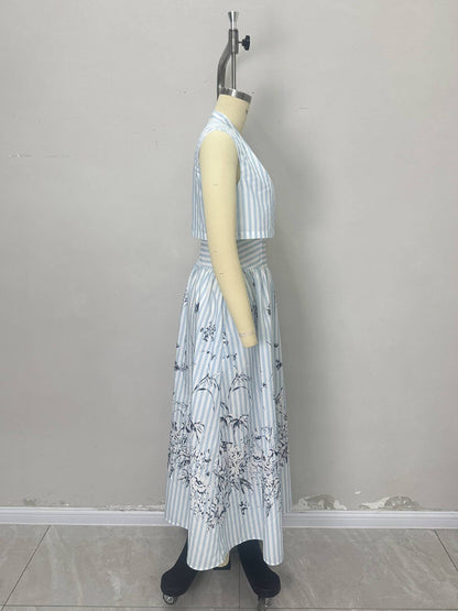 Striped V-Neck A-Line Dress with Floral Print Hem