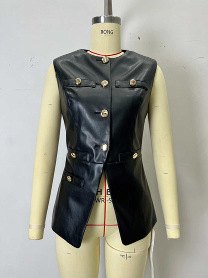 Faux Leather Vest & Sheath Skirt Set with Gold Buttons